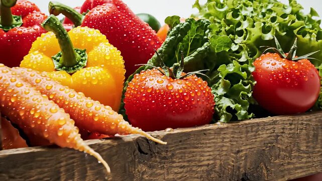 Rustic wooden crate overflowing with an assortment of fresh vegetables, including carrots, greens, and more, sits atop a clean surface capturing the wholesome concept of community gardening or.
