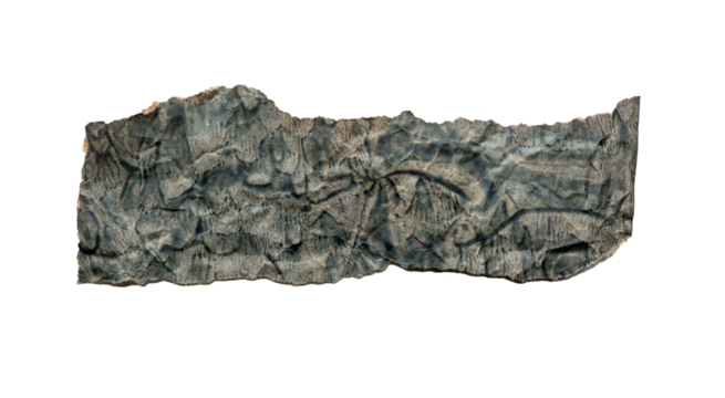 Fragmento de papel arrugado y envejecido con textura oscura y bordes irregulares sobre fondo negro