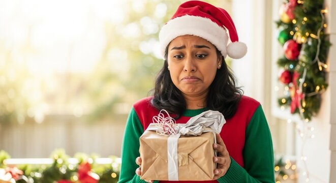 Christmas Indian woman person with bad gift with disappointed expression 
