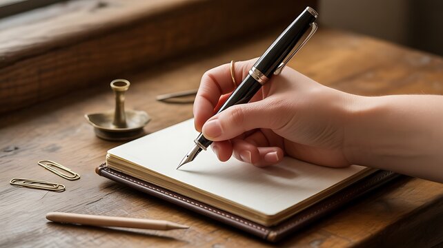 Hand writing with a fountain pen on a notebook