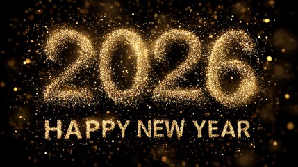 Golden text displaying '2026 Happy New Year' with sparkling effects and a dark background. Celebratory theme for New Year festivities.