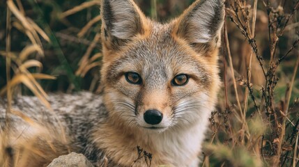 Fototapeta premium Rare Swift Fox in Its Natural Prairie Habitat: A Glimpse of Endangered Biodiversity in Canadian Outdoors