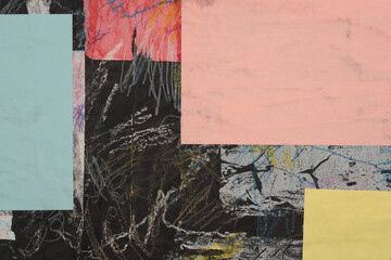 Torn, ripped paper pieces collage. Art Acrylic hand drawn brush stroke smear blot painting wall. Abstract grunge stain texture background.