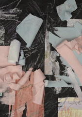 Torn, ripped paper pieces collage. Art painting wall. Abstract grunge stain texture background.