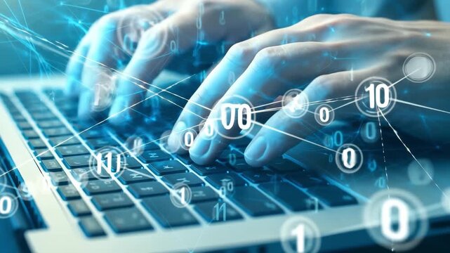 Programming and data coding with hands typing on laptop, futuristic digital technology and software development concept