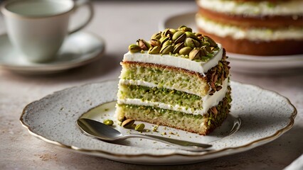 Delicious pistachio layer cake with cream frosting and nuts on elegant plate