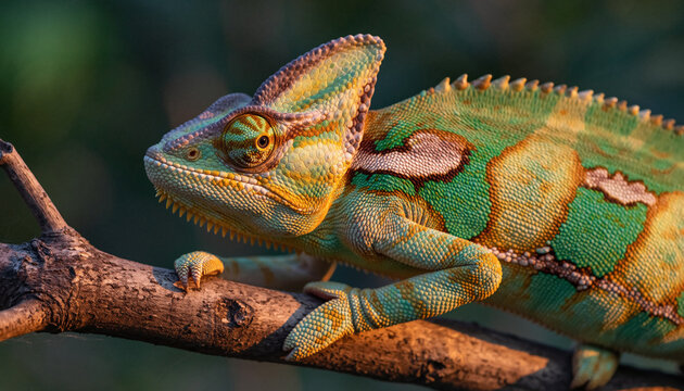Stunning chameleon rests peacefully on a tree limb