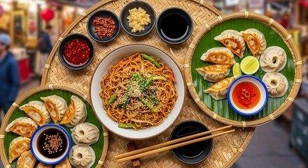 Asian Food Feast Featuring Noodles and Dumplings Surrounded by Sauces and Condiments Presented on Woven Tray in Restaurant Market Setting with Blurred Background Long Title