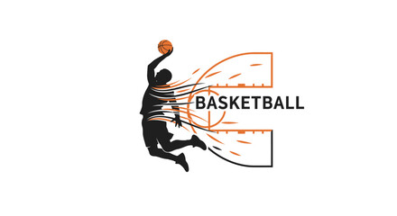 A dynamic graphic logo featuring a basketball player silhouette mid-dunk with streaking lines, next to a stylized hoop forming the letter E and the word "BASKETBALL". © sanatun