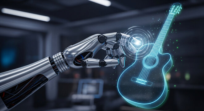 Futuristic robotic arm interacts with a holographic guitar, showcasing music technology and innovation in a modern, artistic style with captivating light effects