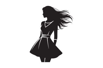 Silhouette of a woman in a flowing dress with windblown hair