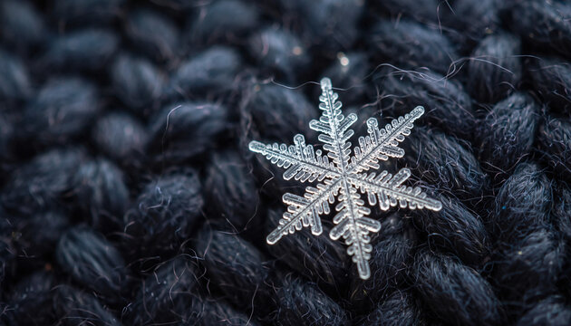 Macro snowflake resting on soft knit texture