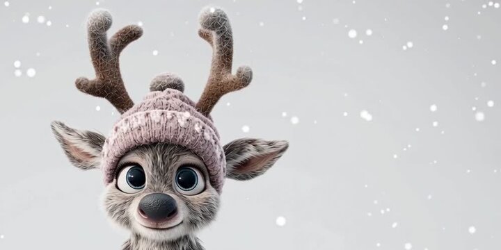 Adorable 3D illustration of a cute kawaii reindeer wearing a knitted Santa hat, with big expressive eyes and fluffy fur. Perfect for Christmas cards, holiday stickers and  festive designs.