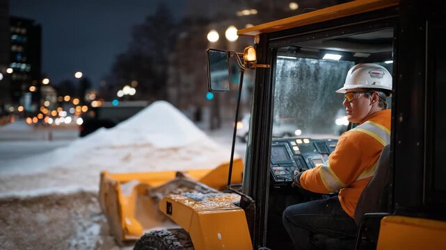 A city worker, their face shielded, operates a salt truck, its spreader grinding grains onto a street. Snow banks, their surfaces crusty, line the road, its asphalt slick. A radio crackles in the