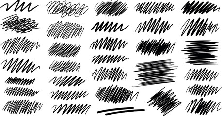Collection of hand drawn black ink scribble textures and abstract brush strokes on white background