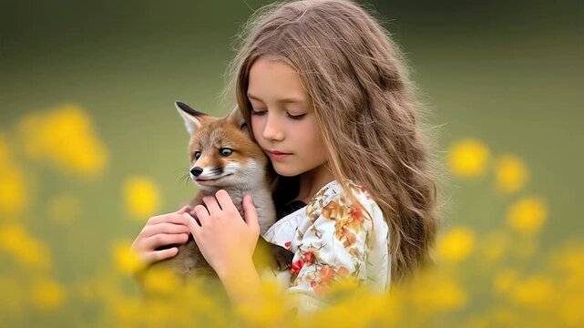 A girl hugs a fox cub among bright yellow wildflowers.
