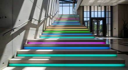 Colorful illuminated stairs provide a stunning contemporary zoom background with dynamic appeal