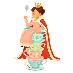 Queen of Teacups-Fantasy Vector Illustration-A regal figure seated in a throne made of stacked porcelain teacups, holding a spoon scepter