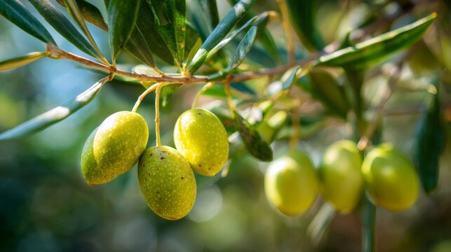 Green olives ripening on an olive tree branch - Powered by Adobe