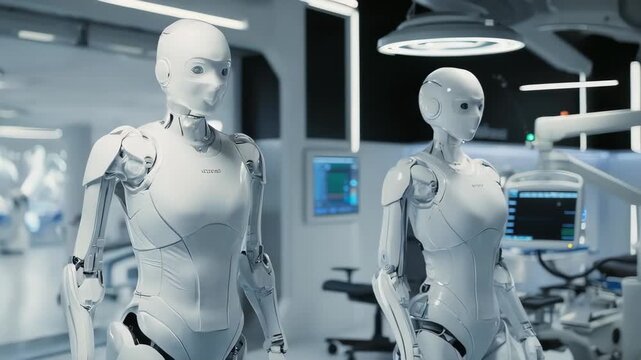 Two futuristic robots in a sterile, medical environment