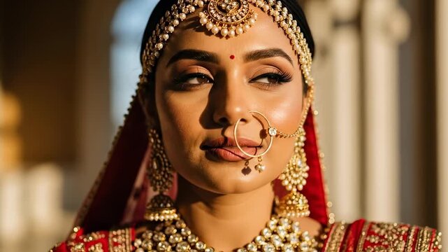 Stunning Indian Bride in Traditional Red and Gold Wedding Attire.