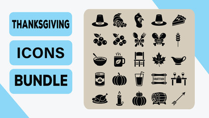 Thanksgiving Solid Icons Bundle  Harvest, Food, and Autumn Festival Symbol Set