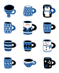 Christmas Cups. Set. Mugs with Winter Christmas Pattern. Collection of Different Mugs. Can be used as Christmas Stickers. Vector illustration in Blue, Black, White