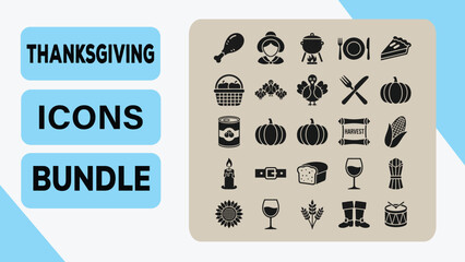 Thanksgiving Solid Icons Bundle  Harvest, Food, and Autumn Festival Symbol Set
