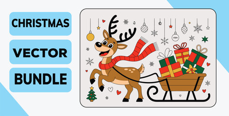 Christmas Reindeer Pulling Sleigh with Gifts Vector Illustration