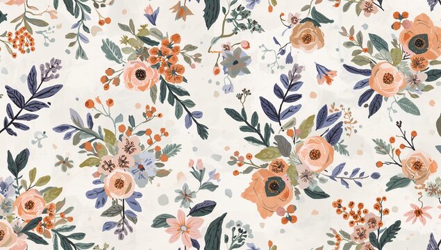 Delicate floral pattern with peach roses and blue leaves on a cream background