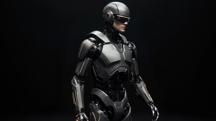 Futuristic cyborg in tactical armor with dark background - Powered by Adobe