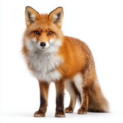 Red fox standing alert in front view.