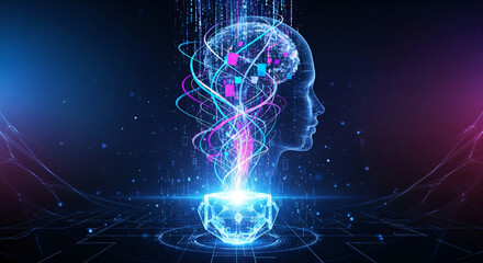Dynamic digital mind concept with glowing neural network and abstract data streams creating futuristic intelligence and innovation