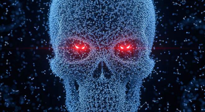 Captivating digital skull with glowing red eyes and intricate molecular structure, evoking futuristic cybernetic fear and technological dread