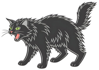 Fototapeta premium Frightened black cat with arched back and open mouth isolated on transparent background