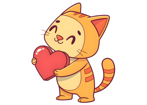 Cute cartoon cat holding a red heart isolated on transparent background