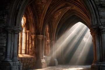 Obraz premium Gothic cathedral architecture with sun rays in ancient hall