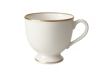 White ceramic teacup with gold rim and transparent background