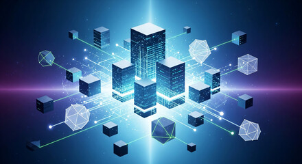 Dynamic digital network connecting abstract buildings and geometric shapes in a futuristic metaverse concept visualization