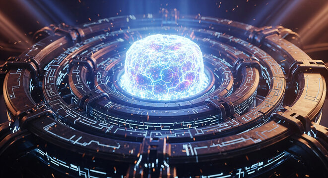Captivating sci-fi energy core pulsates with vibrant blue light, showcasing intricate futuristic technology and powerful cosmic forces in a dynamic display.