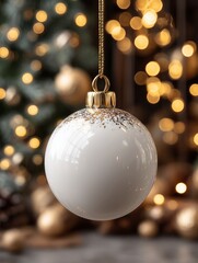 Elegant White Christmas Ornament with Golden Highlights Hanging Against a Blurred Festive Background of Holiday Lights and Decorations