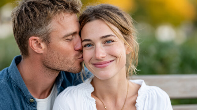 World kiss day celebration: romantic couple sharing a sweet moment outdoors
