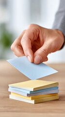 Teacher's hand flipping through colorful stack of paper sheets