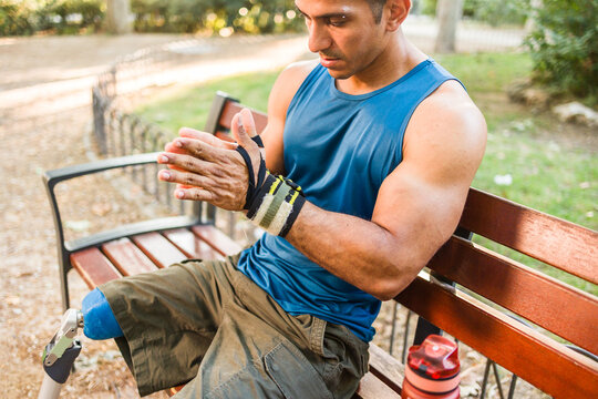 Venezuelan disabled athlete preparing for calisthenics workout