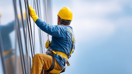 Worker climbing skyscraper with safety gear for construction and maintenance
