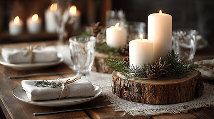 Festive table setting for Christmas dinner featuring elegant candles, pine accents, and rustic wooden elements creating a warm and inviting holiday atmosphere