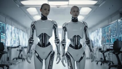Two female humanoid robots walking in a futuristic high tech laboratory
 - Powered by Adobe