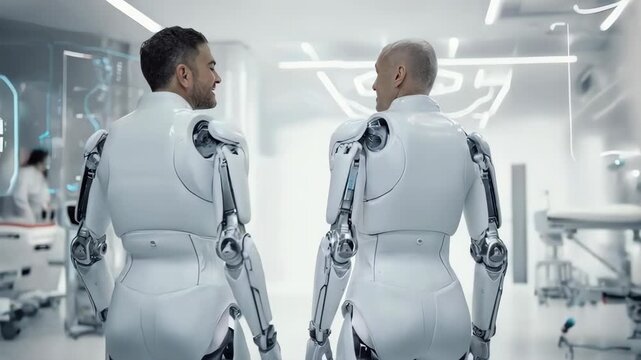 Two cybernetic humanoids interact in a futuristic laboratory setting, showcasing advanced technological design. 