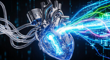 Dynamic metallic heart pulses with vibrant digital energy and flowing data streams, symbolizing future technology and innovation