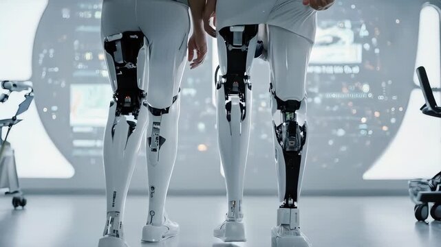 Two individuals with advanced prosthetic legs standing in a futuristic environment. Focus on bionic technology